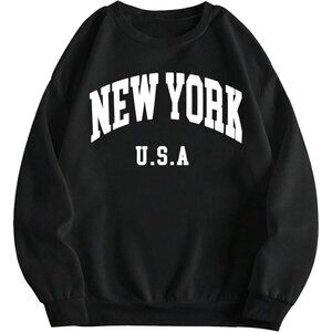 ⚡Women Black New York Imported Graphic Crewneck Long Sleeve Pullover Sweatshirt